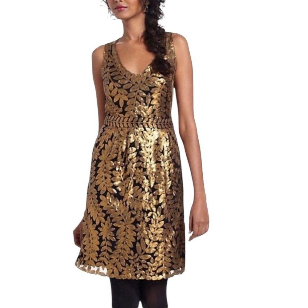 Anthropologie Project Alabama Gold‎ Leaf Sequin Black V-Neck Mini Dress 8 NEW